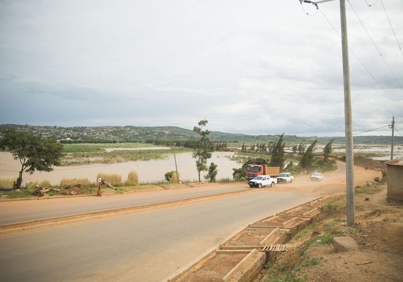 Road construction crossing the Nyabarongo river in Bugesera district, Rwanda