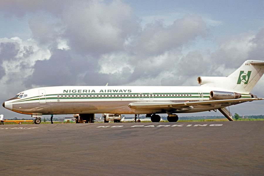 A Nigeria Airways Boeing 727 on the apron at Ikeja airport, Lagos, photographed in June 1980