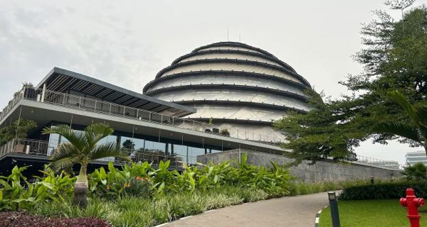 The Kigali Convention Centre lit at dusk