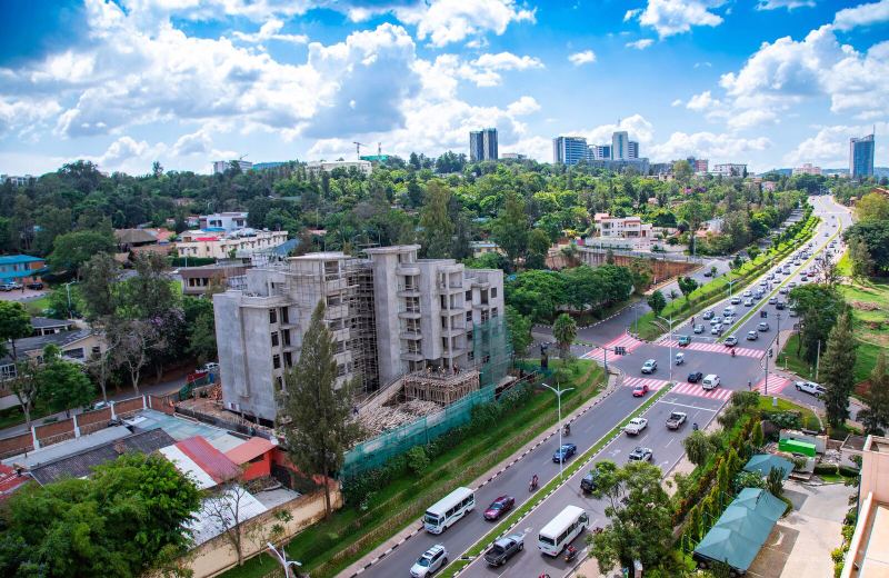 High-angle view of a Kigali street lined with new development