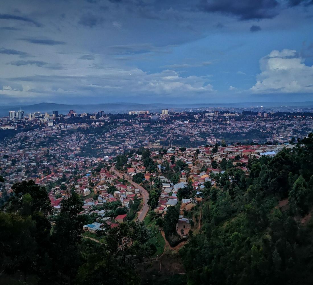 Kigali at dusk, seen across the hills of the Rwandan capital