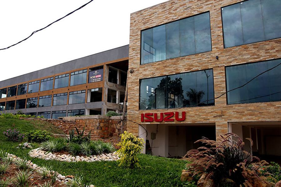 The Airport Boulevard frontage of Masterpiece Mall, Kigali, with the Isuzu showroom at street level